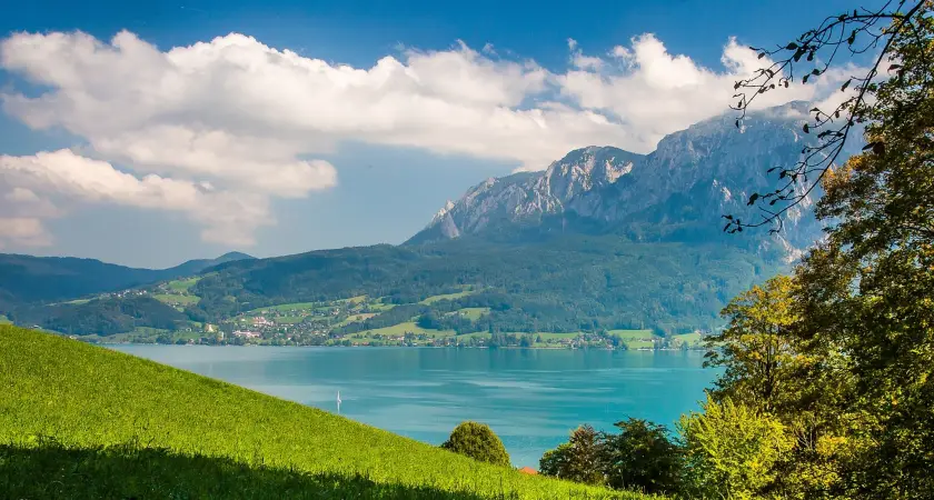 blue lake with green landscape